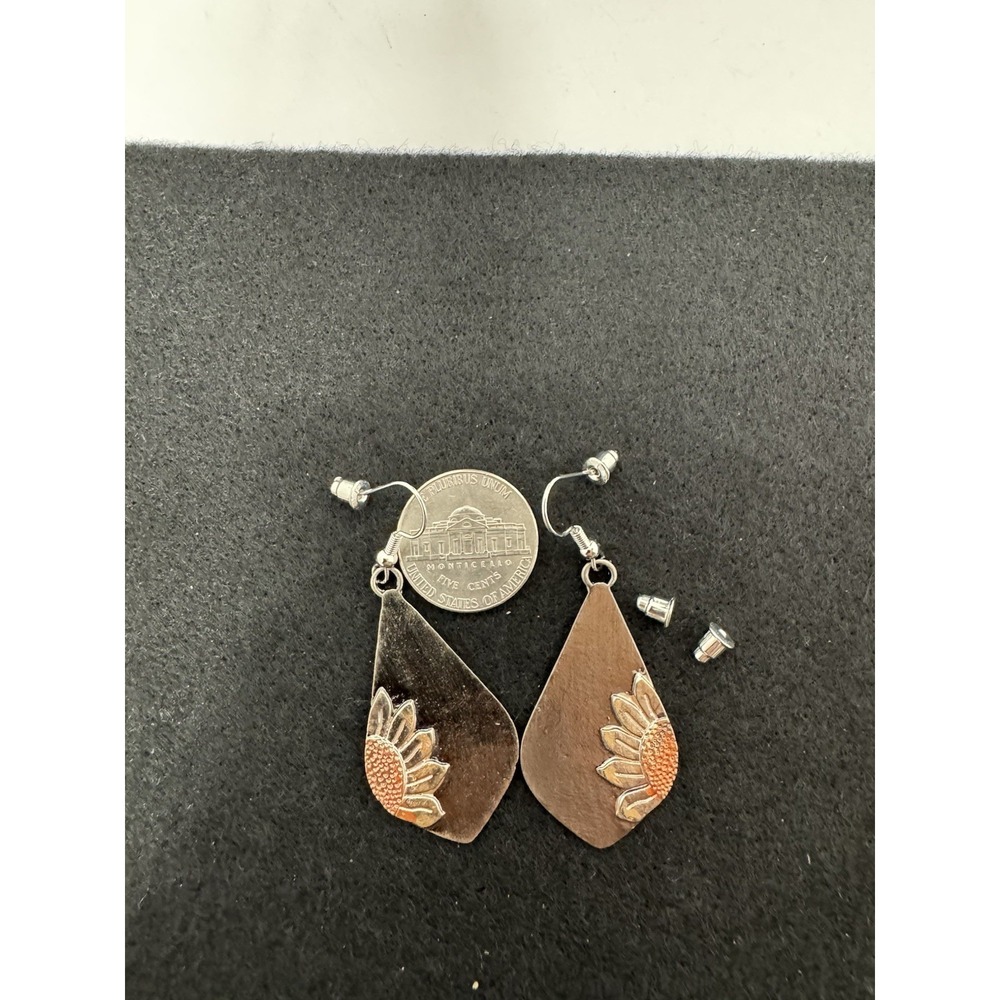 Sunflower Teardrop Dangle Earrings Silver Tone Orange Floral Hook NWOT